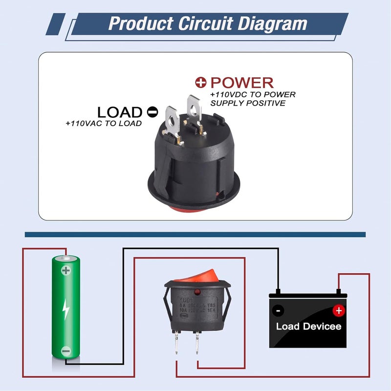 VEXUNGA Round Rocker Switch 12V ON Off Switches Small Mini 12Volt Toggle Switch 2Pin AC 6A 250V 10A 125V 12VDC KCD1 Red for Car Automotive Boat (5Pcs with Leads 5Pcs Without Wires) - Image 4